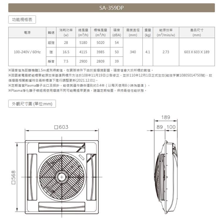 【宇豐國際】阿拉斯加 輕鋼架節能循環扇 SA-359DP 靜音功能 附遙控 電風扇 淨化離子技術