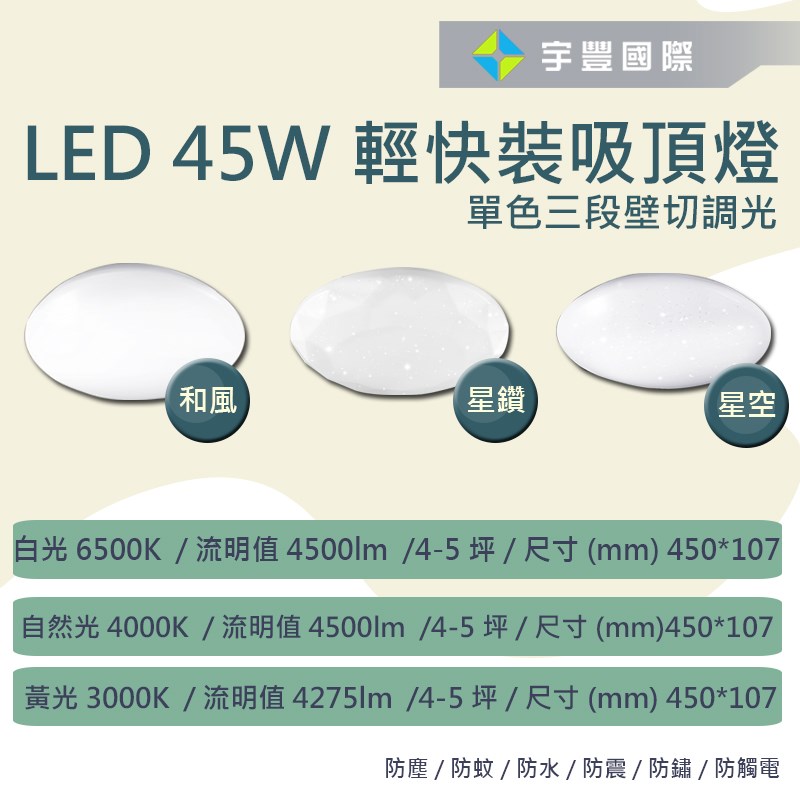 【宇豐國際】含稅 LED 45W 輕快拆吸頂燈 全電壓 壁切開關 可三段單色調光 調光吸頂燈 防塵 防水 防蚊
