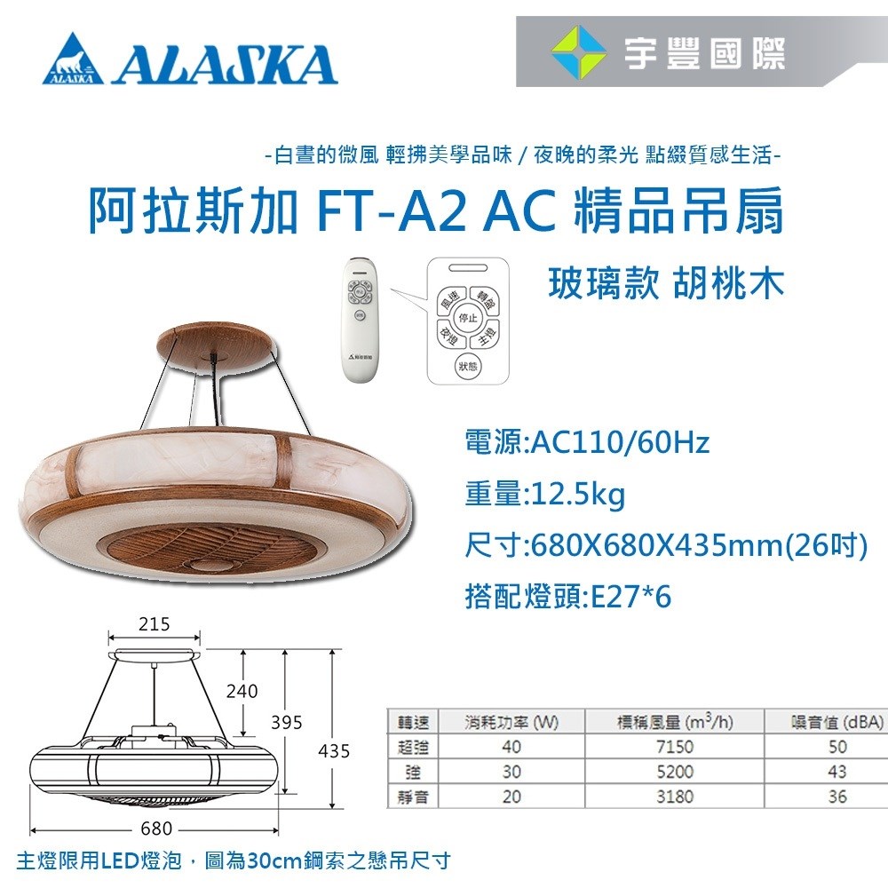 【宇豐國際】含稅 阿拉斯加ALASKA 精品吊扇 AURA系列 三段變速 玻璃款 胡桃木 FT-A2 AC 吊扇 循環扇