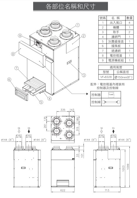 【宇豐國際】含稅 阿拉斯加 直立式 全熱交換器 VF-8328 標準型 全球首創直立式設計  附AL-2液晶控制器