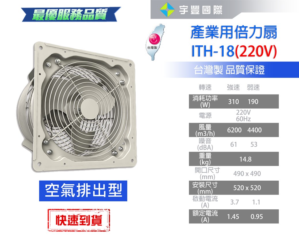 【宇豐國際】含稅 阿拉斯加ALASKA 產業用倍力扇ITH-18(220V排氣型) 大風量 低噪音 工業用扇