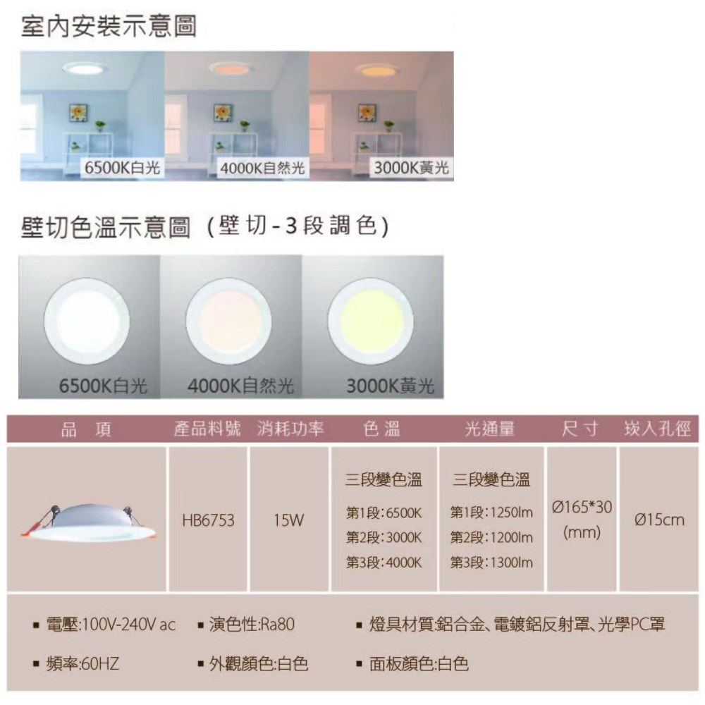 【宇豐國際】含稅 台灣品牌LED 15W15公分(CM) 三段變色溫崁燈 全電壓 3段調色 BSMI/RoHS認證