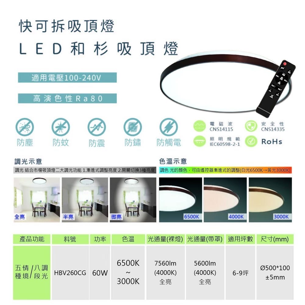 【宇豐國際】含稅 台灣品牌 LED 60W 和木/和衫 調光吸頂燈 快可拆 防塵 防蚊蟲 高演色性 遙控調光調色 附遙控器