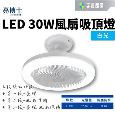 【宇豐國際】亮博士LED 30W 萬向 風扇吸頂燈 防水防塵 IP20 白光 壁切三段 2-3坪使用 全電壓 CNS認證