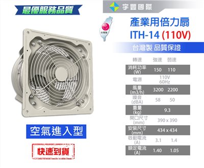 【宇豐國際】含稅 阿拉斯加ALASKA 產業用倍力扇ITH-14(110V進氣型) 大風量 低噪音 工業用扇