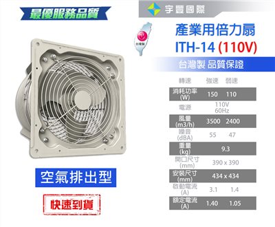 【宇豐國際】含稅 阿拉斯加ALASKA 產業用倍力扇ITH-14(110V排氣型) 大風量 低噪音 工業用扇