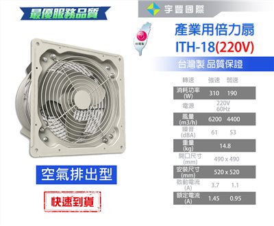 【宇豐國際】含稅 阿拉斯加ALASKA 產業用倍力扇ITH-18(220V排氣型) 大風量 低噪音 工業用扇